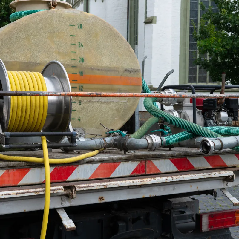Close up of the rear of an truck with a large water tankand garden hose.