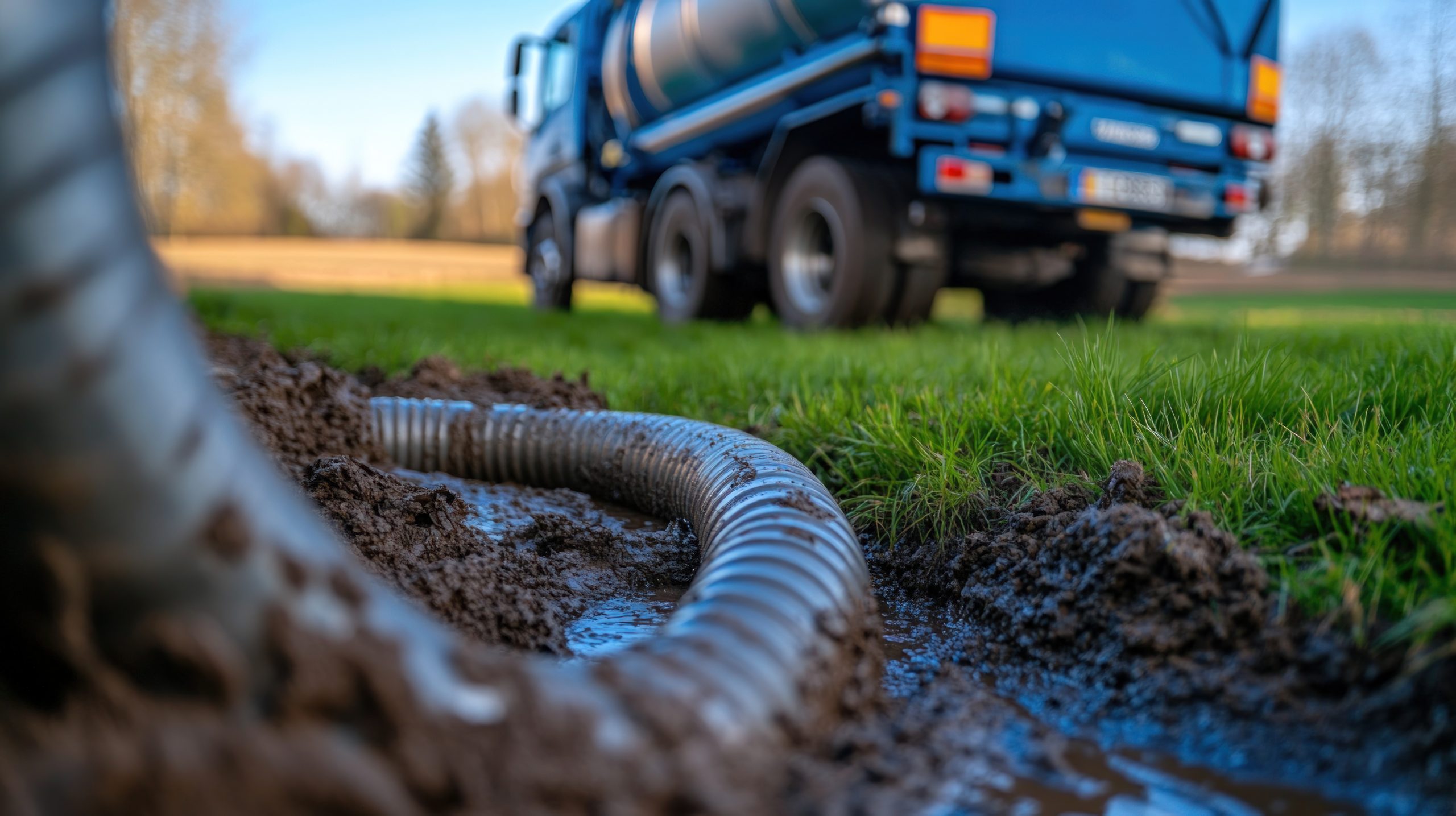 Waste disposal truck discharging liquid waste into muddy field